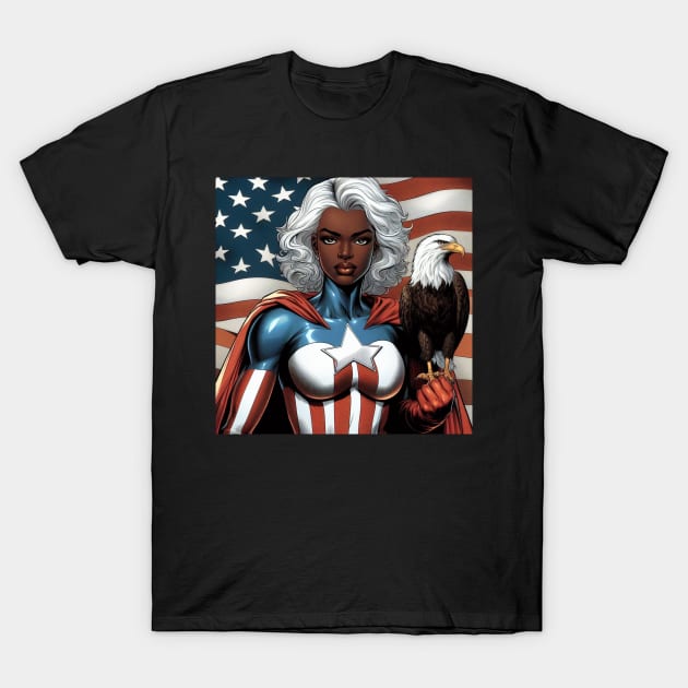 America Black Female Comic Book Superhero Bald Eagle Patriotic July 4 T-Shirt by Woodpile